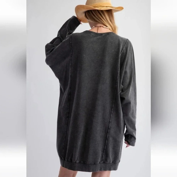Easel Black Washed Terry Knit Long Sleeve Pullover Tunic Dress New - Picture 5 of 6